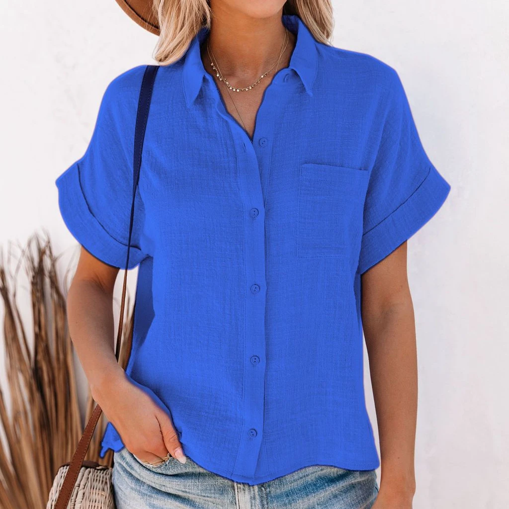 Elegantes Sommer-Oberteil Für Damen Aus Baumwolle Und Leinen, Kurzärmelig, Revers, Knopfleiste, Einfarbiges Hemd Mit Einer Tasche, Lässig Elegantes Sommer-Oberteil Für Damen Aus Baumwolle Und Leinen, Kurzärmelig, Revers, Knopfleiste, Einfarbiges Hemd Mit Einer Tasche, Lässig - Image 2