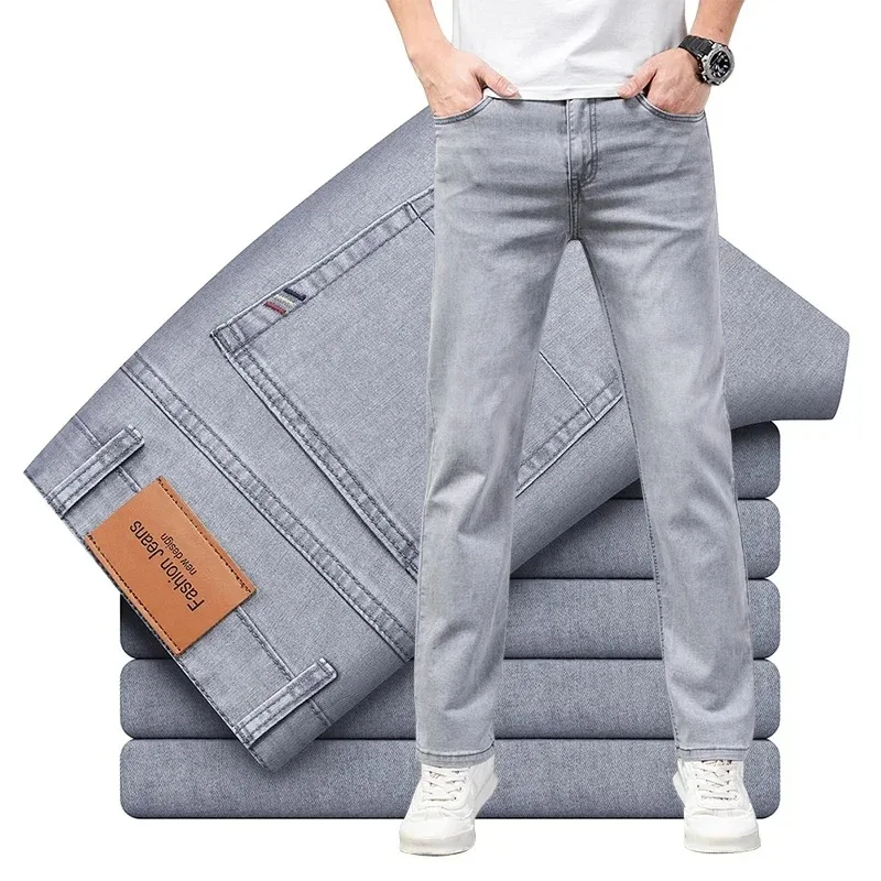 Sommer Elastische Männer Jeans Mode Grau Komfortable Business Gerade Stretch Baumwolle Casual Denim Hosen Marke Männliche Dünne Hosen Sommer Elastische Männer Jeans Mode Grau Komfortable Business Gerade Stretch Baumwolle Casual Denim Hosen Marke Männliche Dünne Hosen