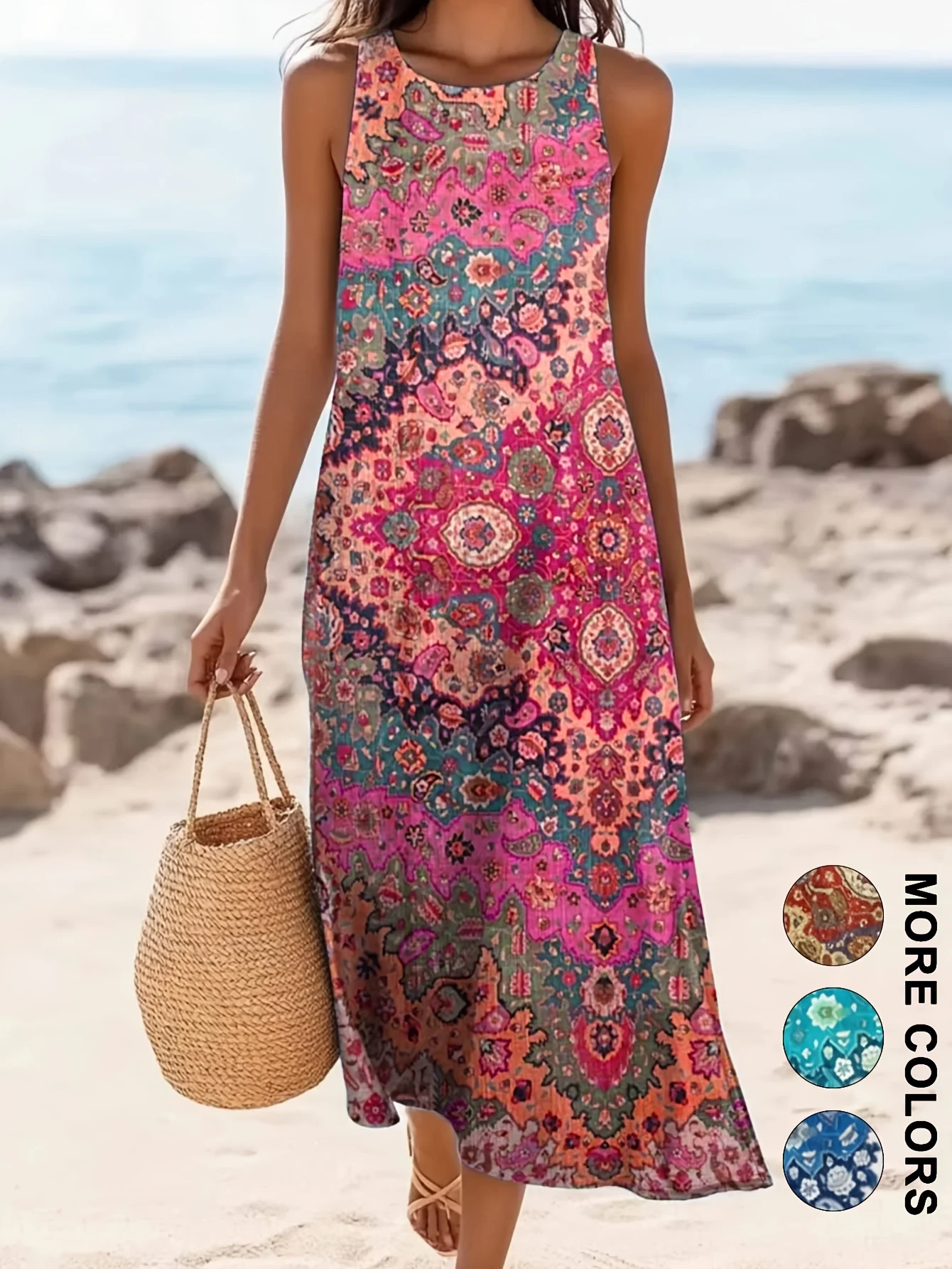 2026 Damen Ärmelloses Bohemian Blumen Freizeit Strand Midi Sommerkleid Mit Taschen, Fließend Und Locker, Sweetheart-Ausschnitt, Rustikal, Ländlich 2026 Damen Ärmelloses Bohemian Blumen Freizeit Strand Midi Sommerkleid Mit Taschen, Fließend Und Locker, Sweetheart-Ausschnitt, Rustikal, Ländlich - Image 3