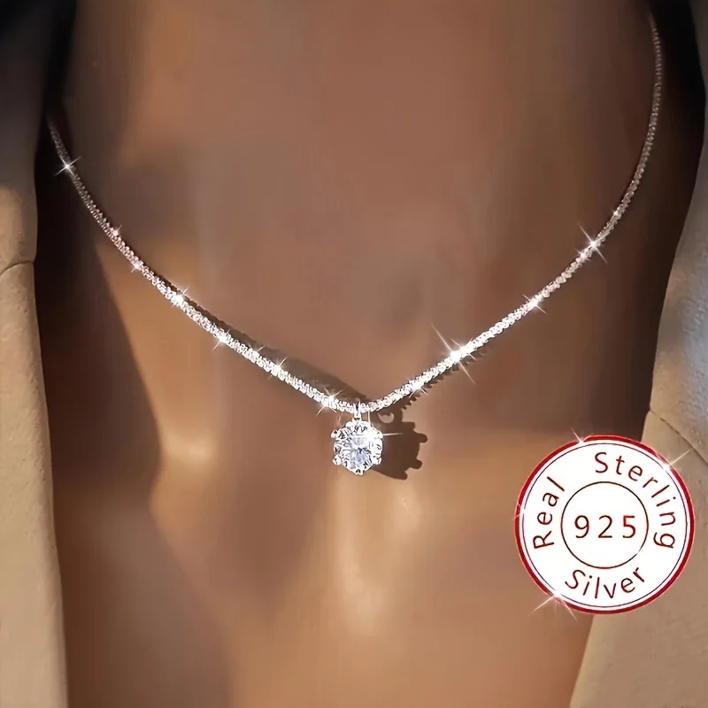 Halskette Aus 925Er-Sterlingsilber, Zirkon-Anhänger, Funkelnde Halskette, Schlüsselbeinkette, Damen-Party-Schmuck, Geschenk Halskette Aus 925Er-Sterlingsilber, Zirkon-Anhänger, Funkelnde Halskette, Schlüsselbeinkette, Damen-Party-Schmuck, Geschenk