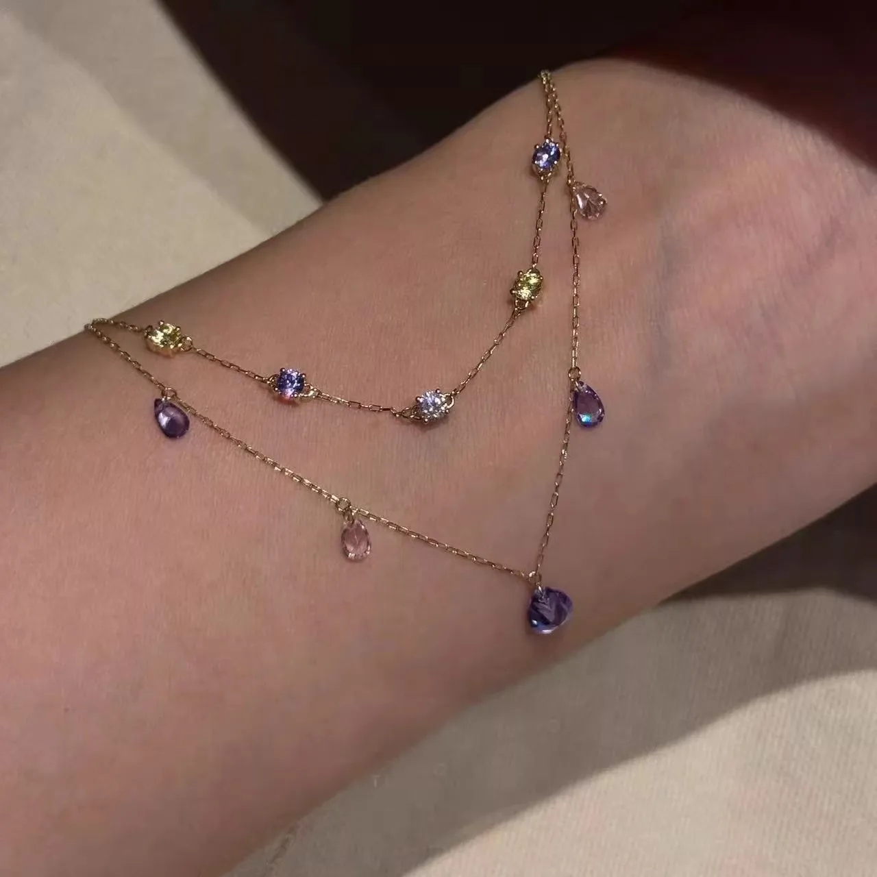Zierliche Mehrfarbige Edelstein-Tropfenkette Für Damen Vergoldete Mehrlagige Schlüsselbeinkette Funkelnder Zirkon-Anhänger Schmuckgeschenk Zierliche Mehrfarbige Edelstein-Tropfenkette Für Damen Vergoldete Mehrlagige Schlüsselbeinkette Funkelnder Zirkon-Anhänger Schmuckgeschenk - Image 5