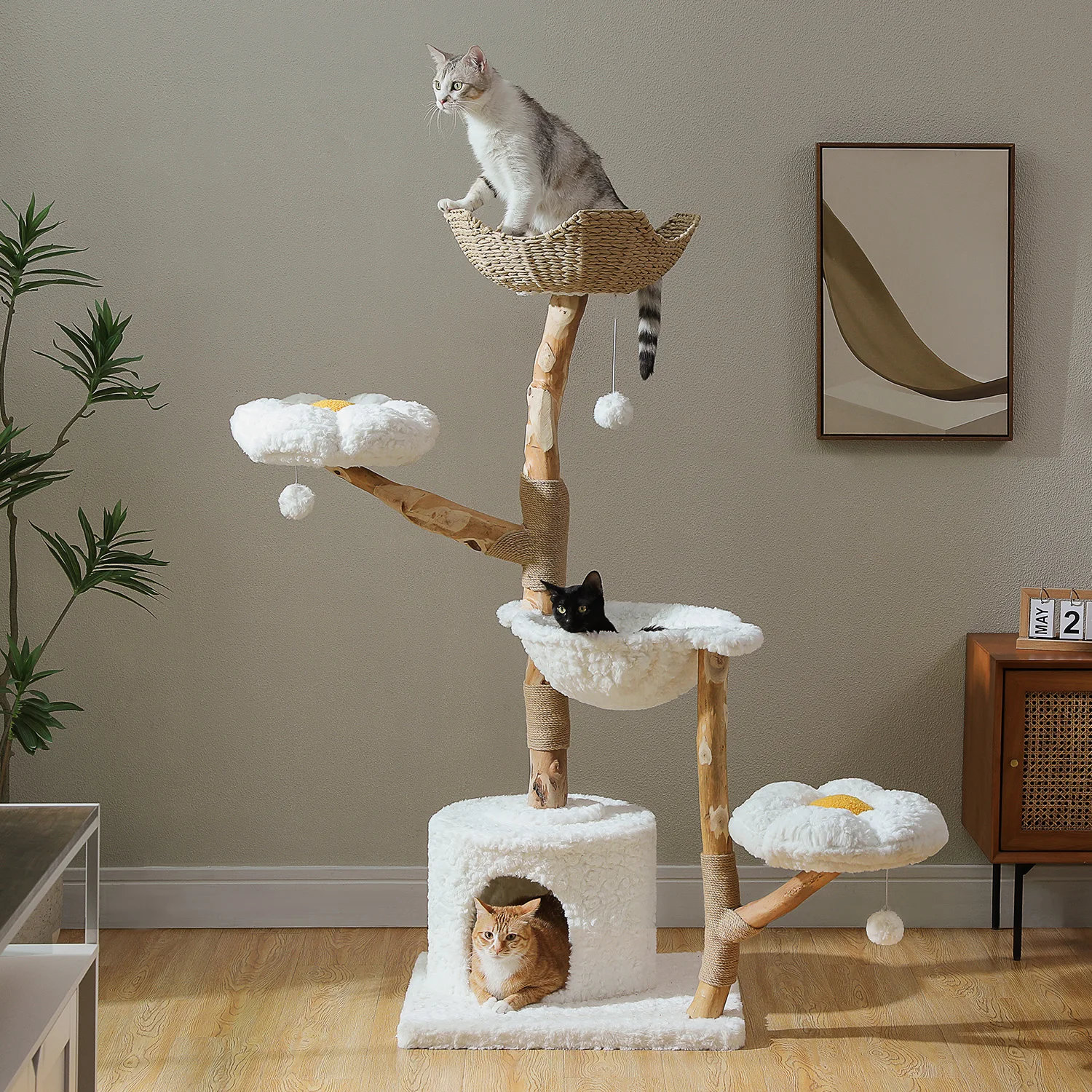 Large Cat Tree Tower With Sisal Scratching Post Wicker Basket Bed Flower Cat Condo Indoor Modern Cat Furniture Cat Accessories Large Cat Tree Tower With Sisal Scratching Post Wicker Basket Bed Flower Cat Condo Indoor Modern Cat Furniture Cat Accessories - Image 2
