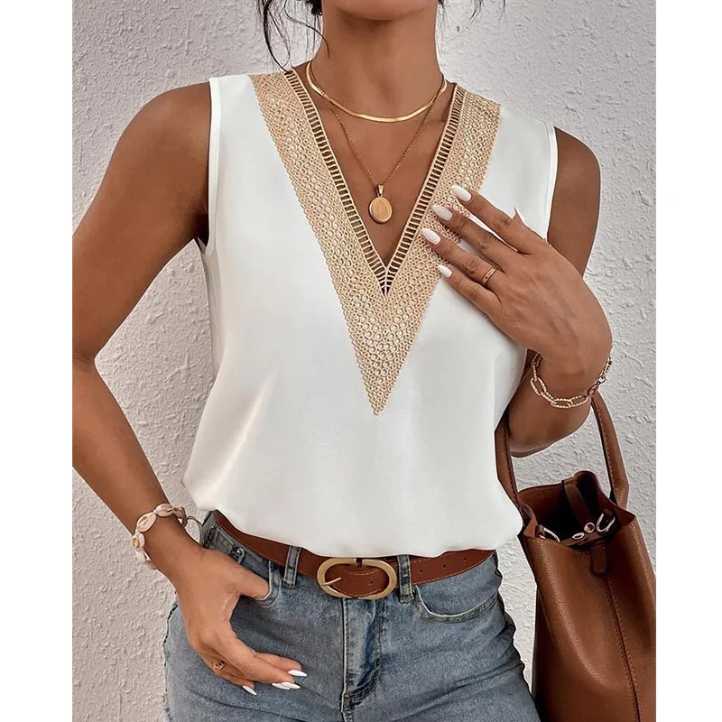 Ärmellose V-Ausschnitt Spitze Patchwork Bluse Frauen Lose Aushöhlen Sommer T Shirt Casual Streetwear Tsnk Top Ärmellose V-Ausschnitt Spitze Patchwork Bluse Frauen Lose Aushöhlen Sommer T Shirt Casual Streetwear Tsnk Top - Image 10
