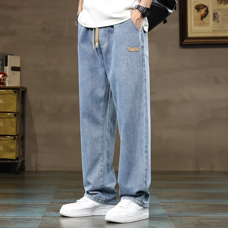 Men Straight Leg Blue Gray Loose Y2K Drawstring Jeans Streetwear Casual Wide Denim Pants Male Baggy Stylish Harajuku Trousers Men Straight Leg Blue Gray Loose Y2K Drawstring Jeans Streetwear Casual Wide Denim Pants Male Baggy Stylish Harajuku Trousers - Image 5