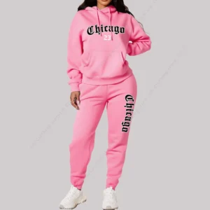 Damen-Sets, Hoodies, Hosen, 2-teiliges Outfit, ästhetische Sportbekleidung, Sweatsuit, Chicago-Grafik, Buchstabendruck, Übergröße, rosa Trainingsanzug