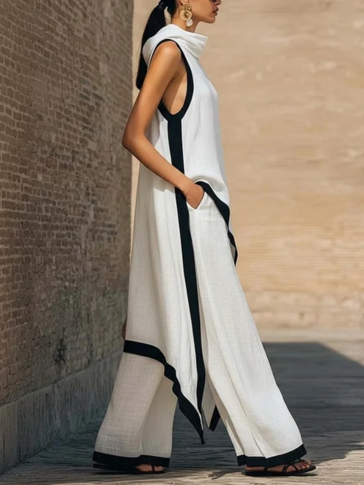 Damen Zweiteiler Mit Asymmetrischem Top Und Weiter Hose – Ärmelloses Sommer-Set Mit Kontrastdetails Damen Zweiteiler Mit Asymmetrischem Top Und Weiter Hose – Ärmelloses Sommer-Set Mit Kontrastdetails - Image 3