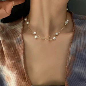 2022 doppel Perlen Hals Kette Kpop Perle Halsband Halskette Gold Farbe Goth Chocker Schmuck Auf Den Hals Anhänger Kragen Für frauen
