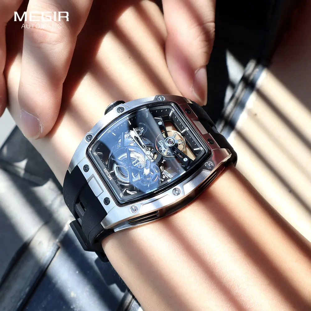 Megir Männer Armbanduhr Mode Schwarz Wasserdichte Automatische Mechanische Uhr Mit Leuchtenden Zeigern Silikon Armband Tonneau Zifferblatt Megir Männer Armbanduhr Mode Schwarz Wasserdichte Automatische Mechanische Uhr Mit Leuchtenden Zeigern Silikon Armband Tonneau Zifferblatt - Image 4