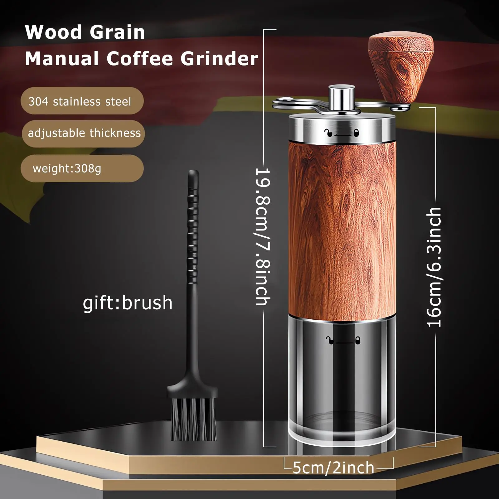 Vintage Tragbare Manuelle Kaffeemühle, Retro-Handkurbel-Kaffeemühle Aus Edelstahl Mit Holzmaserung Für Zuhause Und Unterwegs Vintage Tragbare Manuelle Kaffeemühle, Retro-Handkurbel-Kaffeemühle Aus Edelstahl Mit Holzmaserung Für Zuhause Und Unterwegs - Image 2
