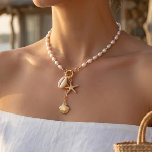 Goldene Imitationsperlen-Choker-Halskette für Damen mit Knebelverschluss, Muschel-Seestern-Anhänger, Boho-Strand-Sommer-Modeschmuck