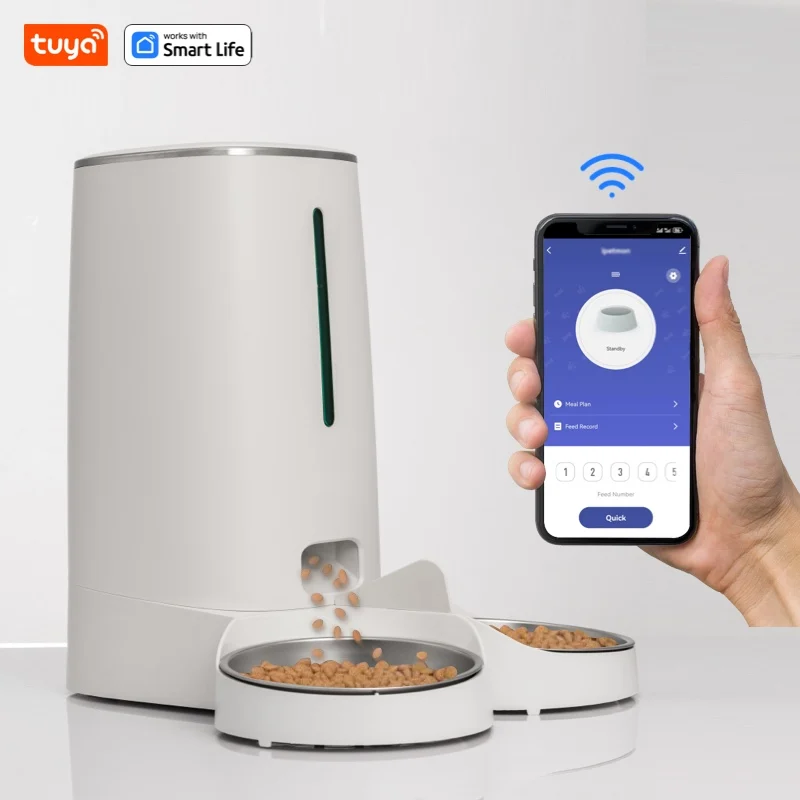 Wifi Automatic Cat Feeders For 2 Cats, 4L Cat Food Dispenser With App Control, Double Stainless Steel Bowls, Low Food Alarms Wifi Automatic Cat Feeders For 2 Cats, 4L Cat Food Dispenser With App Control, Double Stainless Steel Bowls, Low Food Alarms