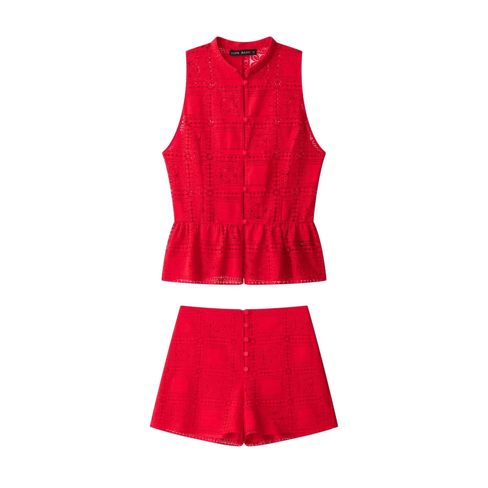Klkxmyt Damen Sommer-Shorts-Set: Neues Modisches Spitzen-Oberteil Mit Cut-Outs + High-Street Mid-Waist Freizeit-Shorts-Anzug Klkxmyt Damen Sommer-Shorts-Set: Neues Modisches Spitzen-Oberteil Mit Cut-Outs + High-Street Mid-Waist Freizeit-Shorts-Anzug - Image 2
