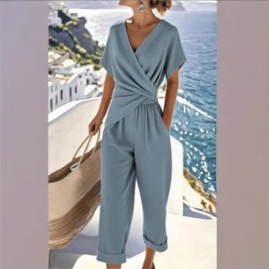 Frauen V-ausschnitt Kurzarm T-shirt 2 stück Set Sommer Mode Unregelmäßige Gefaltete Chic Top Casual Einsatz Tasche Hosen weibliche Anzug