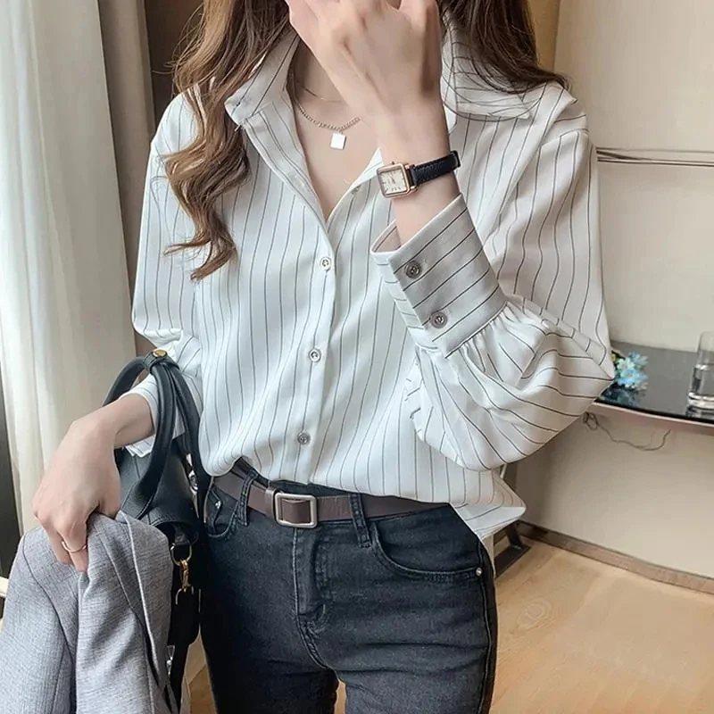 Gestreiftes Hemd Damen Sommer Vintage Chic Lose Langarm Top Y2K Büro Damen Mode Lässig Umlegekragen All Match Bluse Gestreiftes Hemd Damen Sommer Vintage Chic Lose Langarm Top Y2K Büro Damen Mode Lässig Umlegekragen All Match Bluse - Image 2