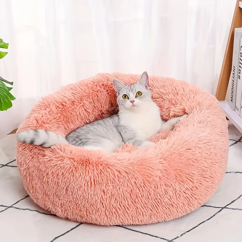 1Pc Comfortable Striped Plush Pet Bed, Suitable For Cats And Dogs,Warm,Deep Sleep Round Nest,Filling,Gray,Soft,Indoor 1Pc Comfortable Striped Plush Pet Bed, Suitable For Cats And Dogs,Warm,Deep Sleep Round Nest,Filling,Gray,Soft,Indoor - Image 2