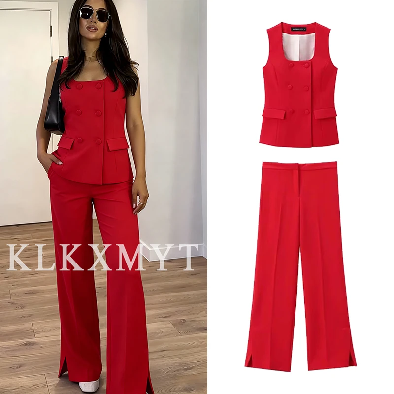 Frauen 2-Teiliges Set Neue Mode Büro Weste Top + Split Gerade Bein Hosen Frauen Anzug Formale Zwei Stück Set Frauen Outfit Frauen 2-Teiliges Set Neue Mode Büro Weste Top + Split Gerade Bein Hosen Frauen Anzug Formale Zwei Stück Set Frauen Outfit