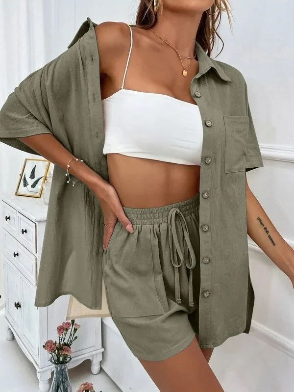 Langarm Einreiher Top Breitbeinige Shorts Set Mode Damen Sexy Solide Anzüge 2024 Sommer 2-Teilige Outfits Für Frauen Langarm Einreiher Top Breitbeinige Shorts Set Mode Damen Sexy Solide Anzüge 2024 Sommer 2-Teilige Outfits Für Frauen - Image 4