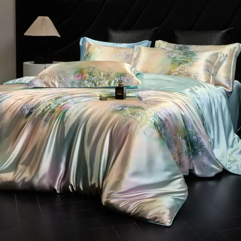 100% Natural Mulberry Silk Fitted Sheet Bedding Sets 3D Printed Satin Cooling Quilt Cover Set For Summer Single Double Bed Kit 100% Natural Mulberry Silk Fitted Sheet Bedding Sets 3D Printed Satin Cooling Quilt Cover Set For Summer Single Double Bed Kit - Image 20