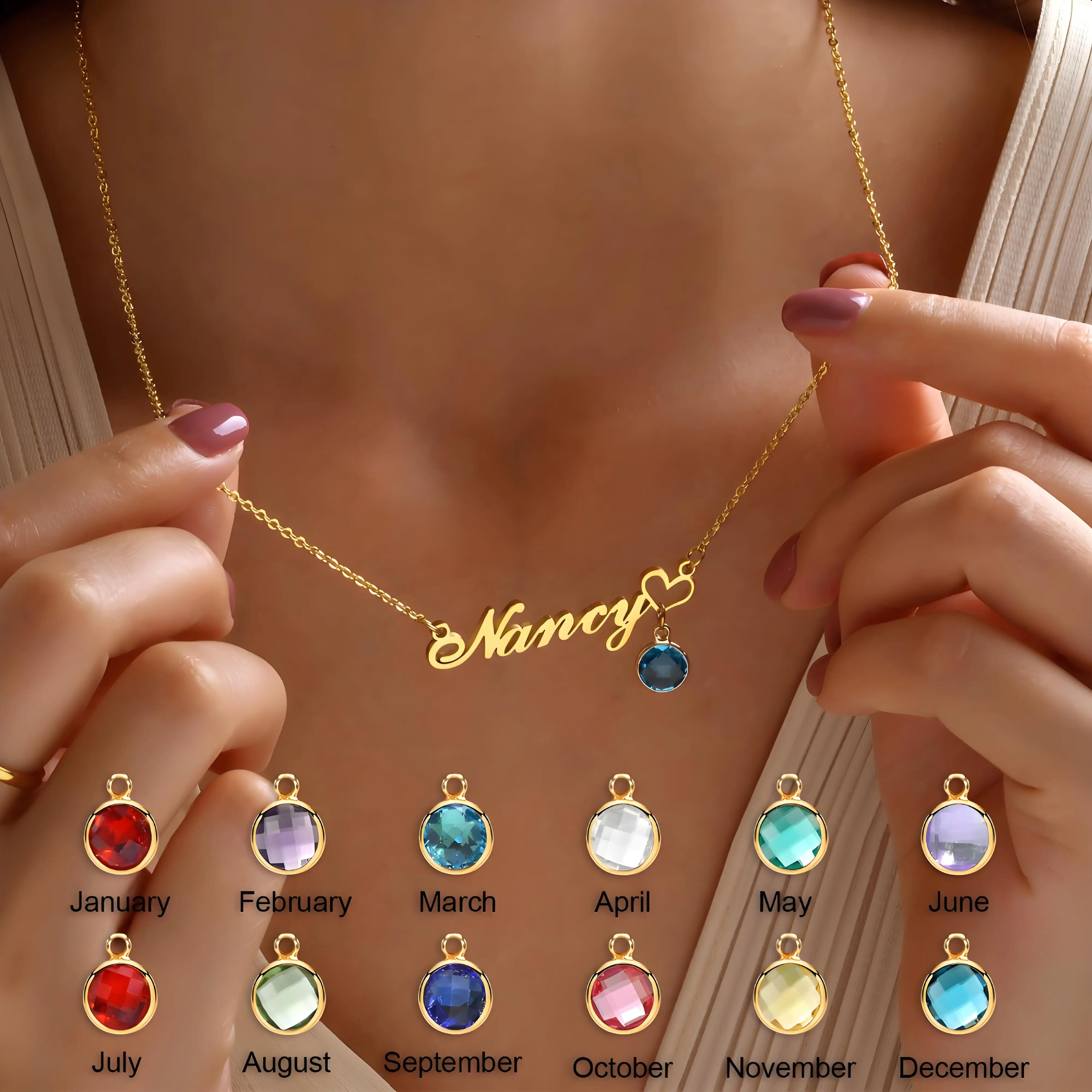 Personalisierte Goldfarbene Namenskette Mit Monatlichen Geburtssteinenoptionen, Handgefertigter Schmuck Für Sie, Perfektes Geschenk Für Jubiläen Personalisierte Goldfarbene Namenskette Mit Monatlichen Geburtssteinenoptionen, Handgefertigter Schmuck Für Sie, Perfektes Geschenk Für Jubiläen - Image 2