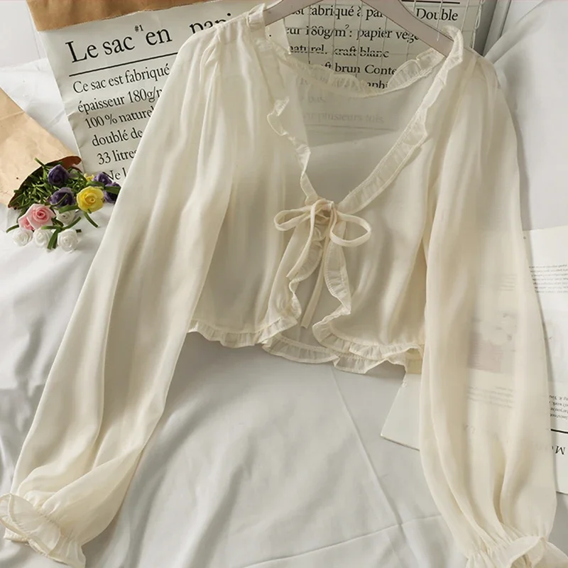Frauen Sommer Sonnenschutz Mantel Spitze Bogen Rüschen Strickjacke Hemd Weibliche Bluse Tops Für Frau Abdeckungen Blusa Weiß Y2K Koreanische Hemd Frauen Sommer Sonnenschutz Mantel Spitze Bogen Rüschen Strickjacke Hemd Weibliche Bluse Tops Für Frau Abdeckungen Blusa Weiß Y2K Koreanische Hemd - Image 4