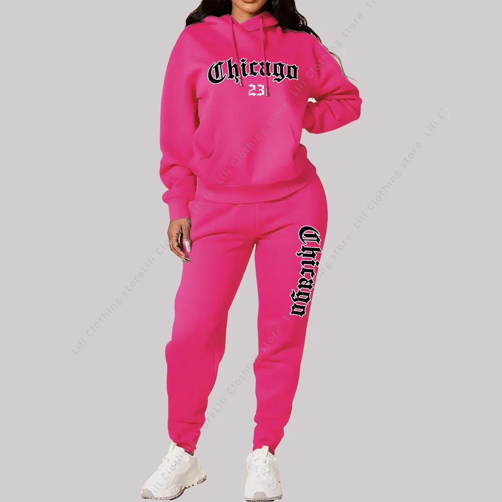 Damen-Sets, Hoodies, Hosen, 2-Teiliges Outfit, Ästhetische Sportbekleidung, Sweatsuit, Chicago-Grafik, Buchstabendruck, Übergröße, Rosa Trainingsanzug Damen-Sets, Hoodies, Hosen, 2-Teiliges Outfit, Ästhetische Sportbekleidung, Sweatsuit, Chicago-Grafik, Buchstabendruck, Übergröße, Rosa Trainingsanzug - Image 2