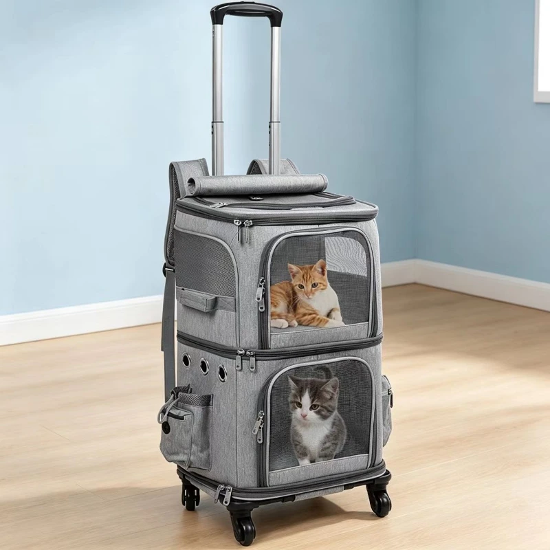 2-In-1 Rolling Pet Carrier Double Compartment Foldable Cat Stroller Large Breathable Travel Carrier For 2 Cats, Airline Approved 2-In-1 Rolling Pet Carrier Double Compartment Foldable Cat Stroller Large Breathable Travel Carrier For 2 Cats, Airline Approved - Image 5