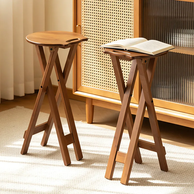 Retro Style Bamboo Folding Stool, Household Foldable Round Stool, Foldable High Stool, Bar Stool, Restaurant Dining Stool Retro Style Bamboo Folding Stool, Household Foldable Round Stool, Foldable High Stool, Bar Stool, Restaurant Dining Stool - Image 2