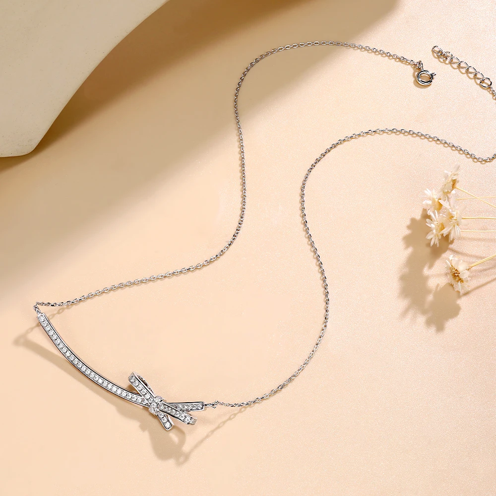 M-Jaja Voll-Moissanit-Halskette Für Damen, 925Er-Sterlingsilber, Kette, 1,3 Mm, Labordiamant, Eleganter Bogen-Anhänger, Funkelnder Schmuck, Geschenk M-Jaja Voll-Moissanit-Halskette Für Damen, 925Er-Sterlingsilber, Kette, 1,3 Mm, Labordiamant, Eleganter Bogen-Anhänger, Funkelnder Schmuck, Geschenk - Image 4