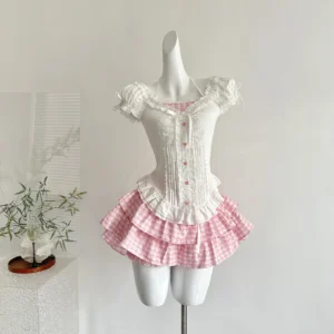 Japanische Kawaii Lolita Elegante 2-teilige Sets Frauen Rosa Y2k Schleife Design Minirock Anzug Weibliche Prinzessin Süße Chic Outfits Sommer