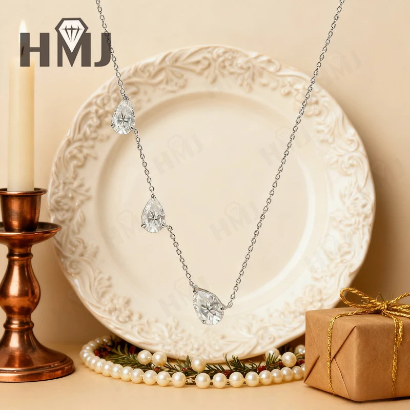 Einfache Halsketten, Drei Birnenform, Moissanit-Diamant, 925Er Sterlingsilber, Stapelbare Gliederkette, Weihnachtsgeschenke, Hypoallergen Einfache Halsketten, Drei Birnenform, Moissanit-Diamant, 925Er Sterlingsilber, Stapelbare Gliederkette, Weihnachtsgeschenke, Hypoallergen - Image 6