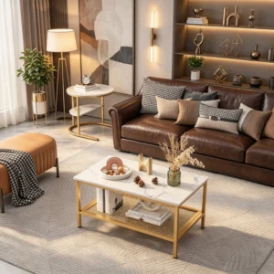 Fangange 2er-Set Couchtische, Couchtisch mit Kunstmarmorplatte und Beistelltisch mit Ablagefach, robuster Metallrahmen-Sofa-Beistelltisch, platzsparende Möbel für Wohn- und Schlafzimmer, Weiß+Gold, Weiß+Schwarz