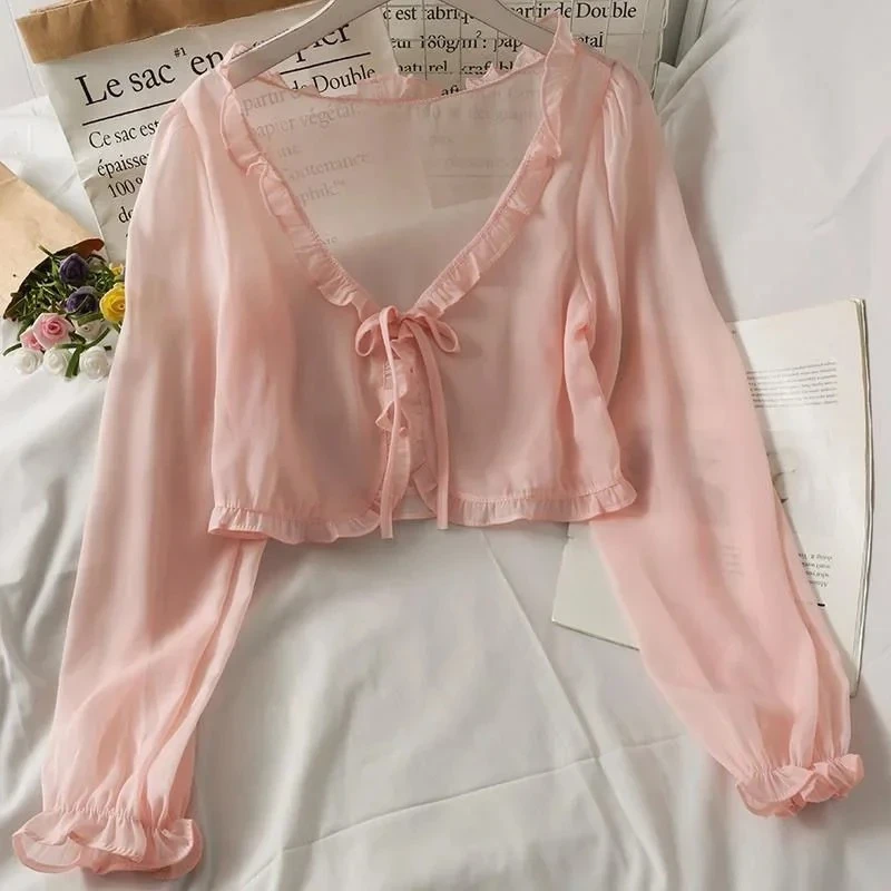 Frauen Sommer Sonnenschutz Mantel Spitze Bogen Rüschen Strickjacke Hemd Weibliche Bluse Tops Für Frau Abdeckungen Blusa Weiß Y2K Koreanische Hemd Frauen Sommer Sonnenschutz Mantel Spitze Bogen Rüschen Strickjacke Hemd Weibliche Bluse Tops Für Frau Abdeckungen Blusa Weiß Y2K Koreanische Hemd - Image 7