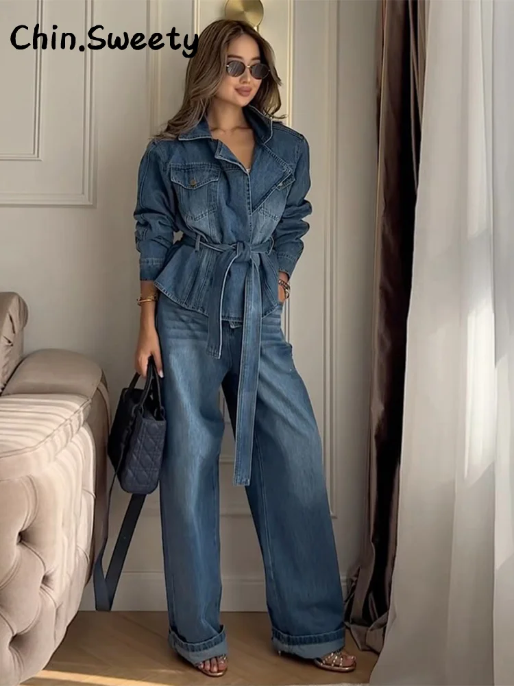 Damen Jeansanzug Mit Gürtel – Jeansjacke Mit Revers Und Weite Hose, Lässiges Herbst-Set 2026 Damen Jeansanzug