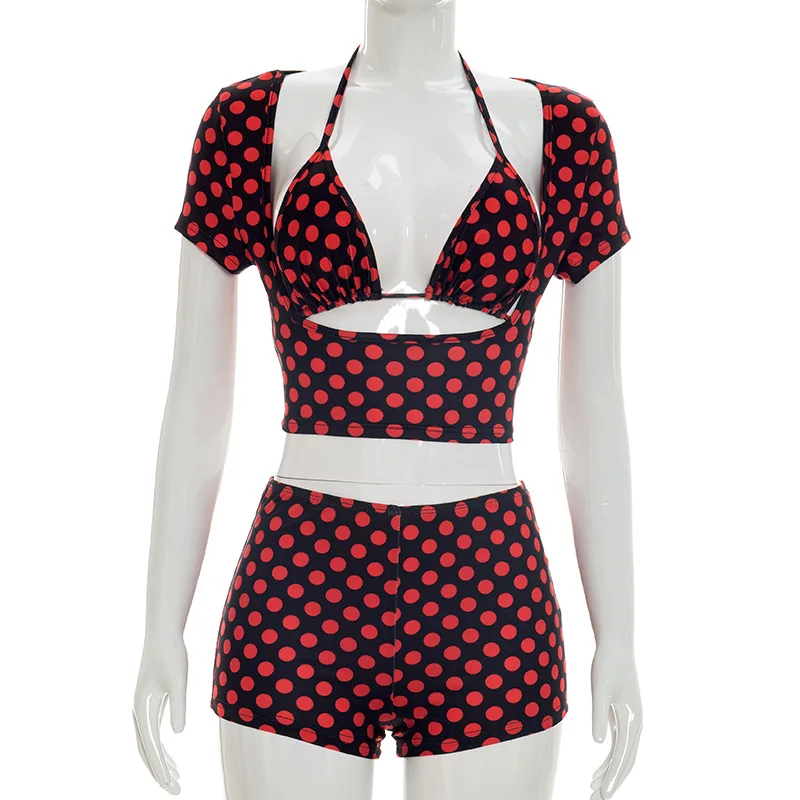 Fagadoer Sexy Damen 3-Teiliges Set Outfit Mit Polka-Dot-Print, Patchwork, Kurzärmeligem Crop-Top Und Passender Hose, Weibliche Streetwear, Neu Fagadoer Sexy Damen 3-Teiliges Set Outfit Mit Polka-Dot-Print, Patchwork, Kurzärmeligem Crop-Top Und Passender Hose, Weibliche Streetwear, Neu - Image 6