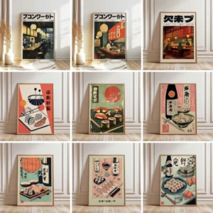 Retro Japanische Sushi-Bar Poster Küchen-Lebensmittel-Poster und Leinwanddruck Gemälde Esszimmer Wanddekoration Heim-Wandbild Cuadros