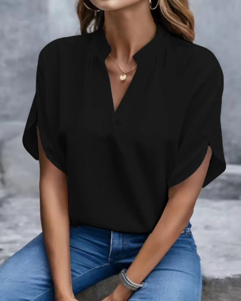 V-Ausschnitt Kurzarm Lockere Bluse Damen Casual Einfarbiges Oberteil Büro-Dame Elegantes Sommer-Shirt Übergröße Pullover Tops V-Ausschnitt Kurzarm Lockere Bluse Damen Casual Einfarbiges Oberteil Büro-Dame Elegantes Sommer-Shirt Übergröße Pullover Tops - Image 5