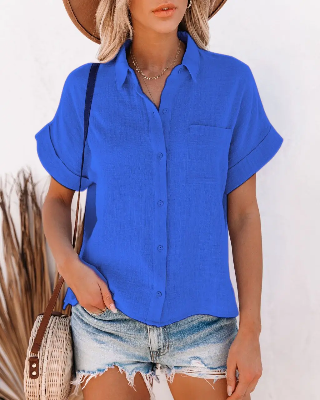 Elegantes Sommer-Oberteil Für Damen Aus Baumwolle Und Leinen, Kurzärmelig, Revers, Knopfleiste, Einfarbiges Hemd Mit Einer Tasche, Lässig Elegantes Sommer-Oberteil Für Damen Aus Baumwolle Und Leinen, Kurzärmelig, Revers, Knopfleiste, Einfarbiges Hemd Mit Einer Tasche, Lässig - Image 12