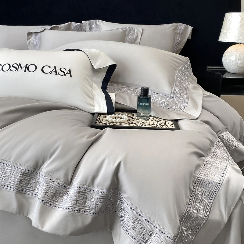 600Tc Egyptian Cotton White Luxury Embroidery Hotel Style Bedding Set Duvet Cover Set Flat/Fitted Bed Sheet Pillowcases 4Pcs 600Tc Egyptian Cotton White Luxury Embroidery Hotel Style Bedding Set Duvet Cover Set Flat/Fitted Bed Sheet Pillowcases 4Pcs - Image 8