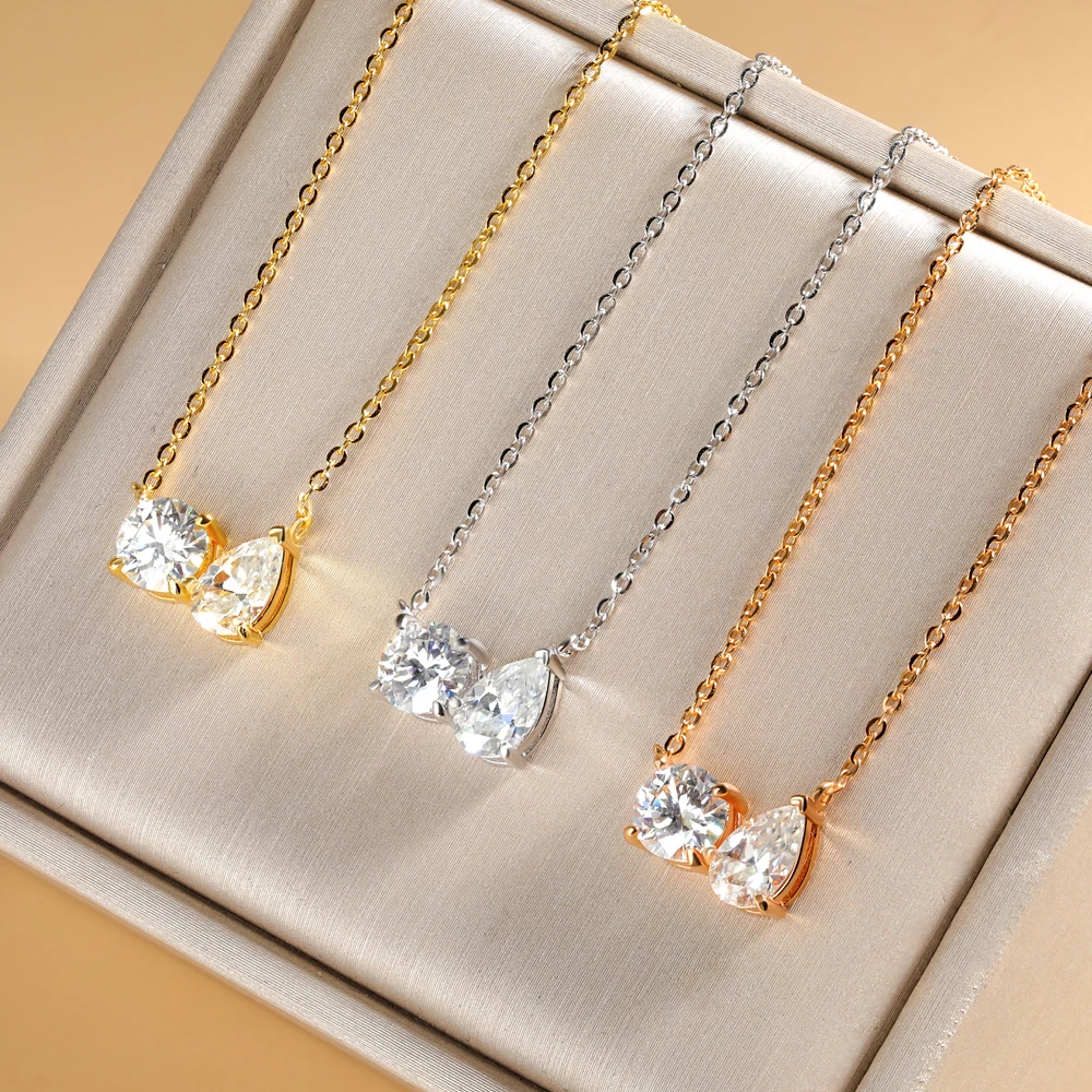 1Ct Runde Und Tropfenförmige Moissanit-Anhänger-Halskette Für Damen, 925Er Sterlingsilber, 18 Karat Vergoldet, Halskette, Hochzeitsschmuck, Gra 1Ct Runde Und Tropfenförmige Moissanit-Anhänger-Halskette Für Damen, 925Er Sterlingsilber, 18 Karat Vergoldet, Halskette, Hochzeitsschmuck, Gra - Image 2
