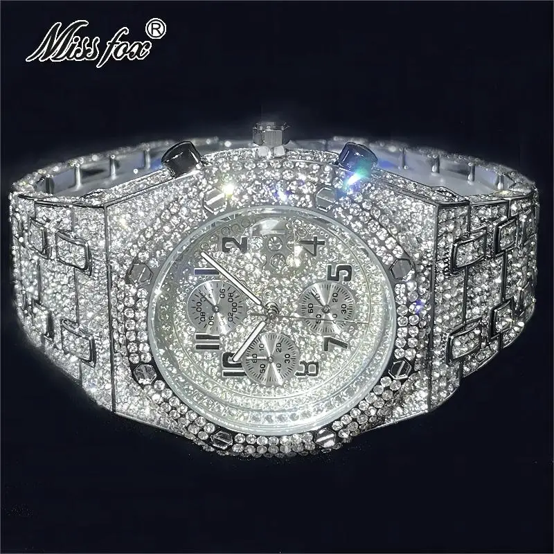 Modemarke Missfox Luxus Uhren Männer Automatische Datum Wasserdichte Quarzuhr Hip Hop Eis Diamant Schmuck Armbanduhr Mann Modemarke Missfox Luxus Uhren Männer Automatische Datum Wasserdichte Quarzuhr Hip Hop Eis Diamant Schmuck Armbanduhr Mann