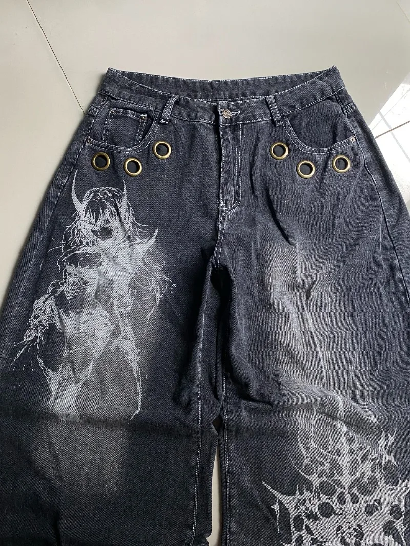 American New Fashion Oversized Pattern Printed Washed Jeans Men Y2K Gothic Rock Popular Casual Joker High Waist Wide Leg Pants American New Fashion Oversized Pattern Printed Washed Jeans Men Y2K Gothic Rock Popular Casual Joker High Waist Wide Leg Pants - Image 6