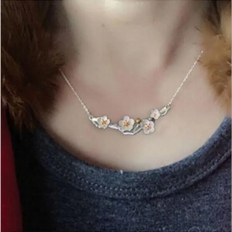 Silberhalsketten, Anhänger Und Halsketten Mit Pflaumenblütenmotiv, Schmuck, Colar De Plata Silberhalsketten, Anhänger Und Halsketten Mit Pflaumenblütenmotiv, Schmuck, Colar De Plata - Image 3