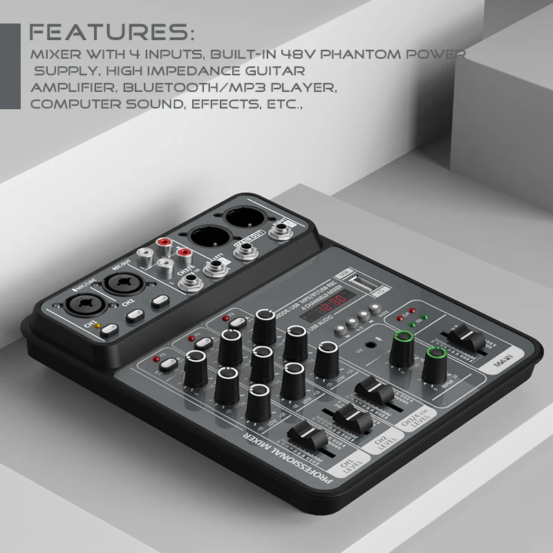 4-Kanal-Audiomischer Mit 48 V Phantomspeisung, Usb &Amp; Bluetooth – Dj-Mischpult Für Karaoke, Studio, Aufnahmen &Amp; Live-Musik 4-Kanal-Audiomischer Mit 48 V Phantomspeisung, Usb &Amp; Bluetooth – Dj-Mischpult Für Karaoke, Studio, Aufnahmen &Amp; Live-Musik - Image 3