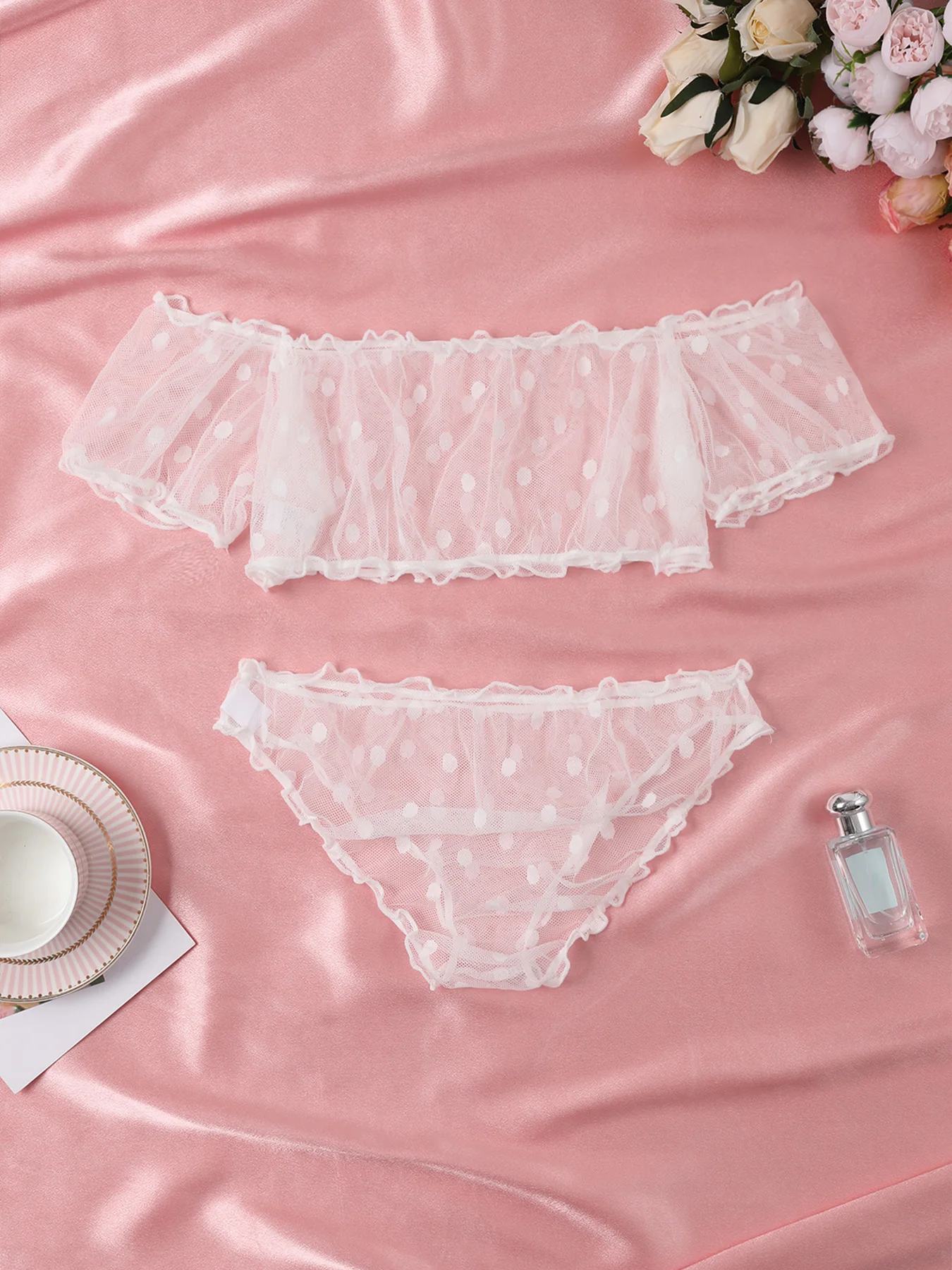 Sexy Frauen Unterwäsche Spitze Punkte Draht Freies Dessous Set Off-Schulter Kleine Brust Bralette + Tanga Beachwear Transparent Mesh Bh Set Sexy Frauen Unterwäsche Spitze Punkte Draht Freies Dessous Set Off-Schulter Kleine Brust Bralette + Tanga Beachwear Transparent Mesh Bh Set - Image 5