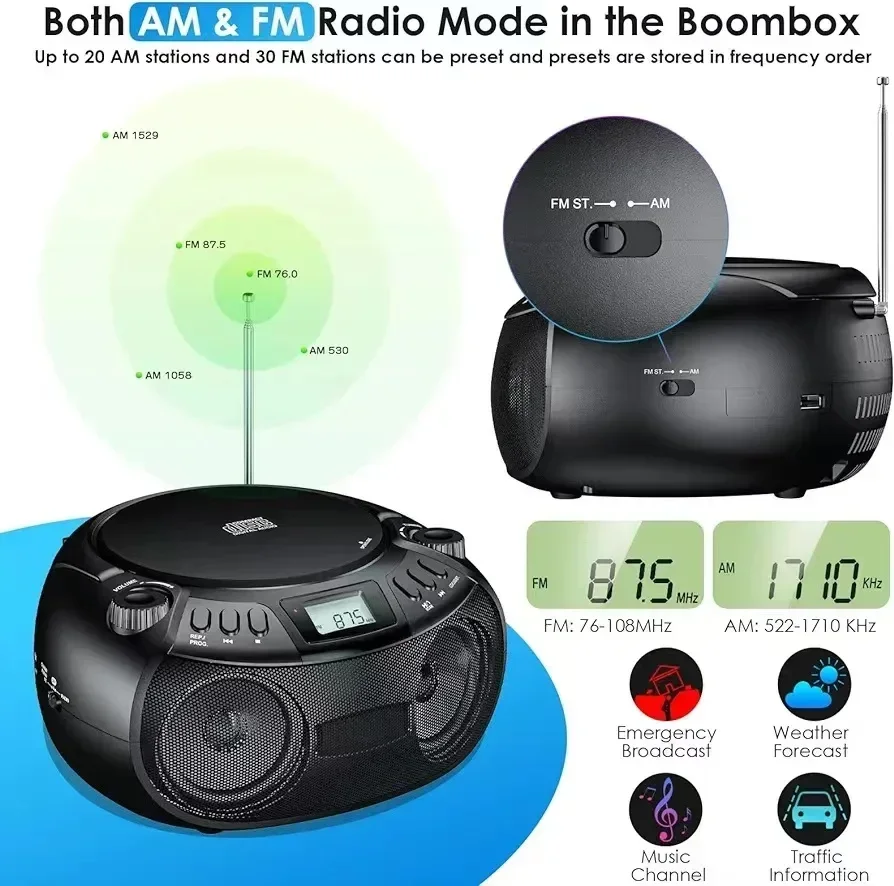 Tragbarer Cd-Player Mit Am/Fm-Radio, Bluetooth, Usb &Amp; Aux – Cd-Boombox Mit Stereolautsprechern Für Cd-R, Cd-Rw &Amp; Mp3 Tragbarer Cd-Player Mit Am/Fm-Radio, Bluetooth, Usb &Amp; Aux – Cd-Boombox Mit Stereolautsprechern Für Cd-R, Cd-Rw &Amp; Mp3 - Image 5