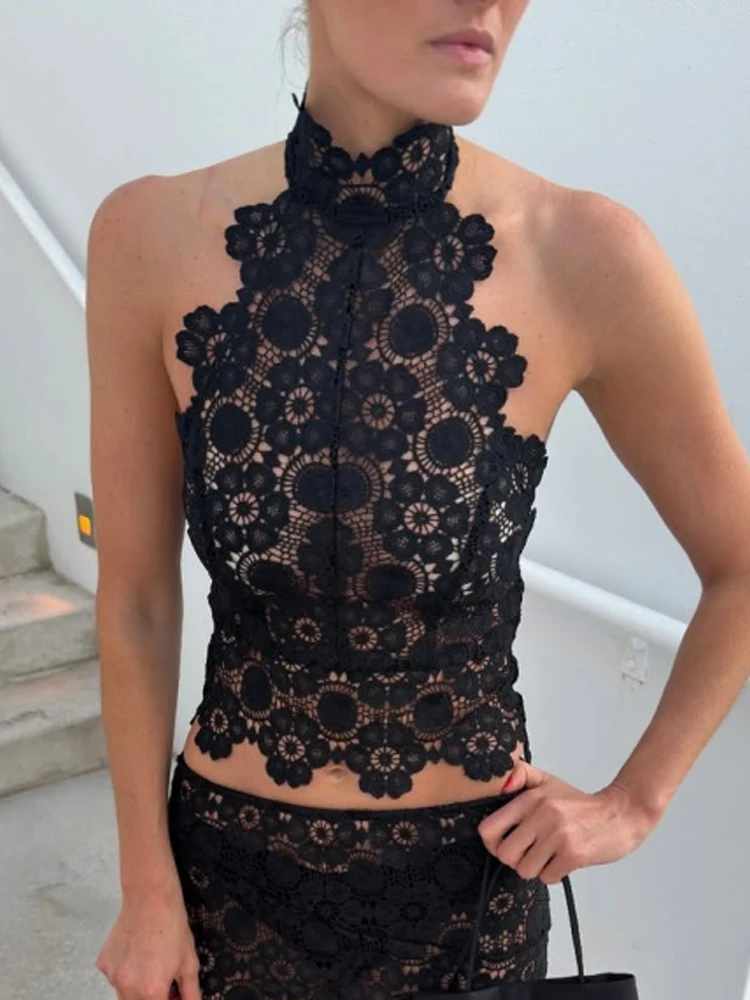 Damen Spitzen-Set, 2-Teilig, Schwarz, Neckholder, Ärmellos, Transparenter Crop-Top Und Midi-Rock, Sexy Outfit, Sommer 2026, Urlaub, Party, Schickes Outfit Damen Spitzen-Set, 2-Teilig, Schwarz, Neckholder, Ärmellos, Transparenter Crop-Top Und Midi-Rock, Sexy Outfit, Sommer 2026, Urlaub, Party, Schickes Outfit - Image 5