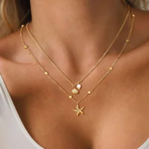 Damen Muschel-Halskette, 14 Karat vergoldeter Edelstahl, geschichteter Seestern, Muschel, Muschelperle, Charm-Halskette, Sommer-Strand-Schmuck