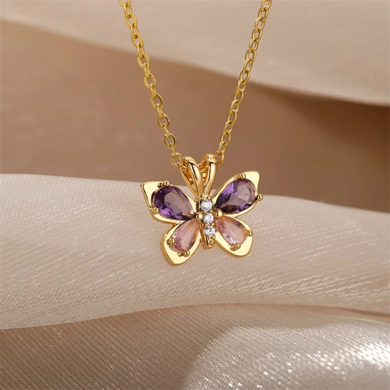 Elegante Schmetterlings-Anhänger-Halskette Mit Eingelegtem Lila-Rosa Zirkon-Kristall, Zierliche Schlüsselbeinkette, Modische Accessoires Für Den Täglichen Gebrauch Von Frauen Elegante Schmetterlings-Anhänger-Halskette Mit Eingelegtem Lila-Rosa Zirkon-Kristall, Zierliche Schlüsselbeinkette, Modische Accessoires Für Den Täglichen Gebrauch Von Frauen - Image 16