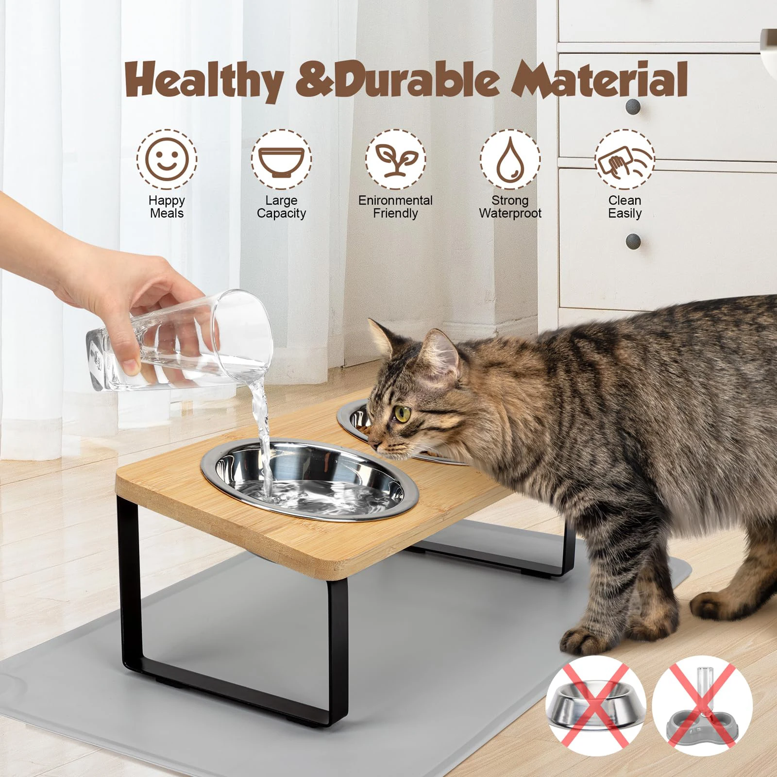 Elevated Cat Bowls With Food Mat 15° Tilted Stand Raised Cat Dishes For Food And Water Feeder 2 Stainless Steel Bowls For Cats Elevated Cat Bowls With Food Mat 15° Tilted Stand Raised Cat Dishes For Food And Water Feeder 2 Stainless Steel Bowls For Cats - Image 4