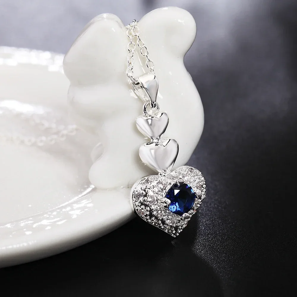 Heiße Mode-Halskette Aus 925Er-Sterlingsilber Mit Klassischem Blauem Kristall-Herz-Anhänger Für Frauen, Weihnachtsgeschenke, Hochzeits- Und Party-Schmuck Heiße Mode-Halskette Aus 925Er-Sterlingsilber Mit Klassischem Blauem Kristall-Herz-Anhänger Für Frauen, Weihnachtsgeschenke, Hochzeits- Und Party-Schmuck - Image 4